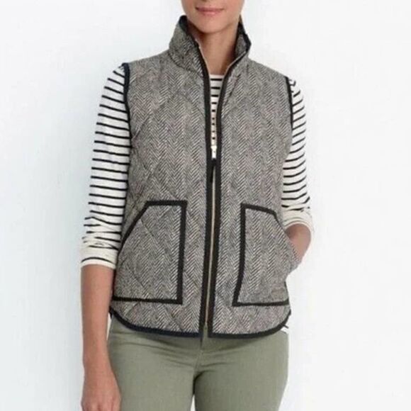 J Crew Excursion Quilted Puffer Vest Black Ivory Herringbone - Picture 13 of 14